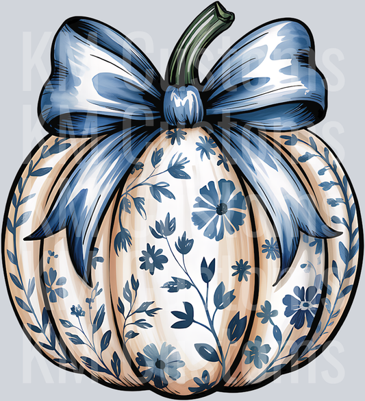 Blue floral pumpkin DTF Transfer