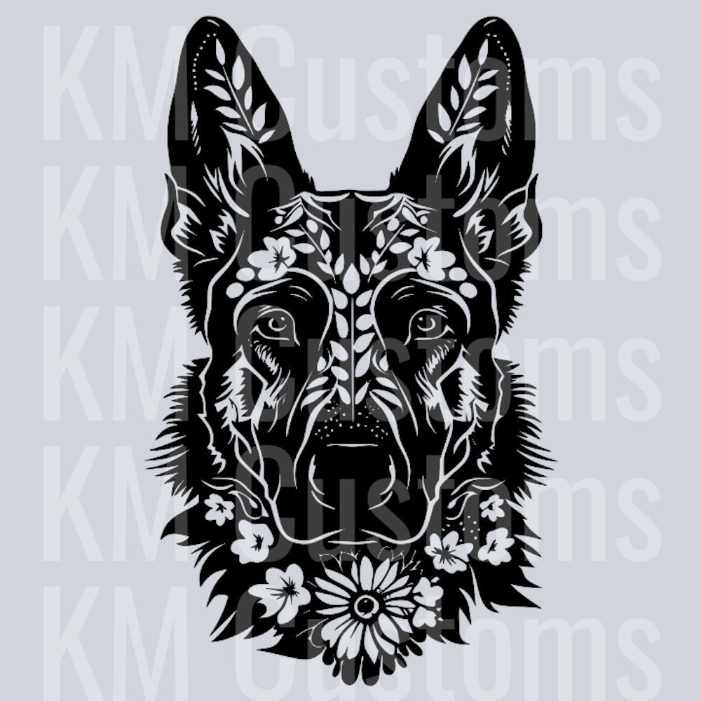 German Shepherd Flowers Face DTF Transfer