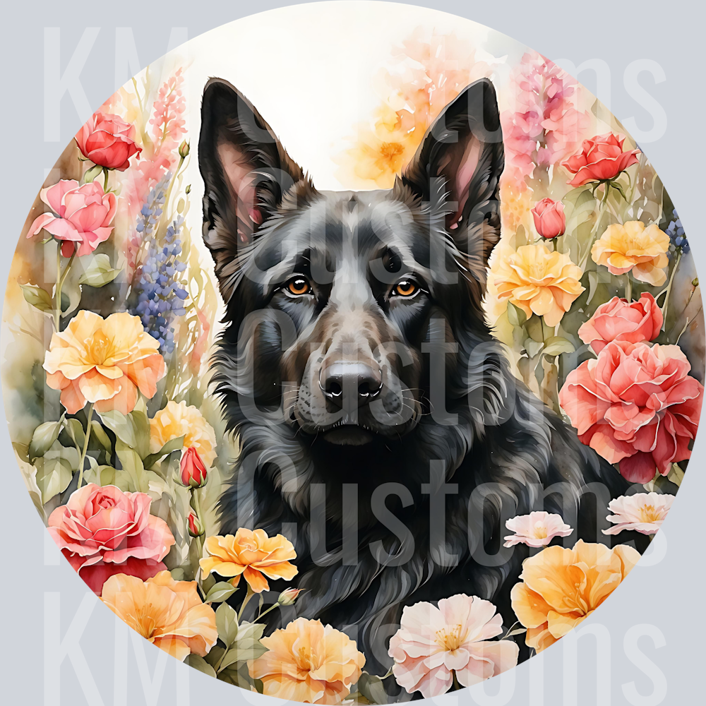 Black German Shepherd Dog with Flowers DTF Transfer