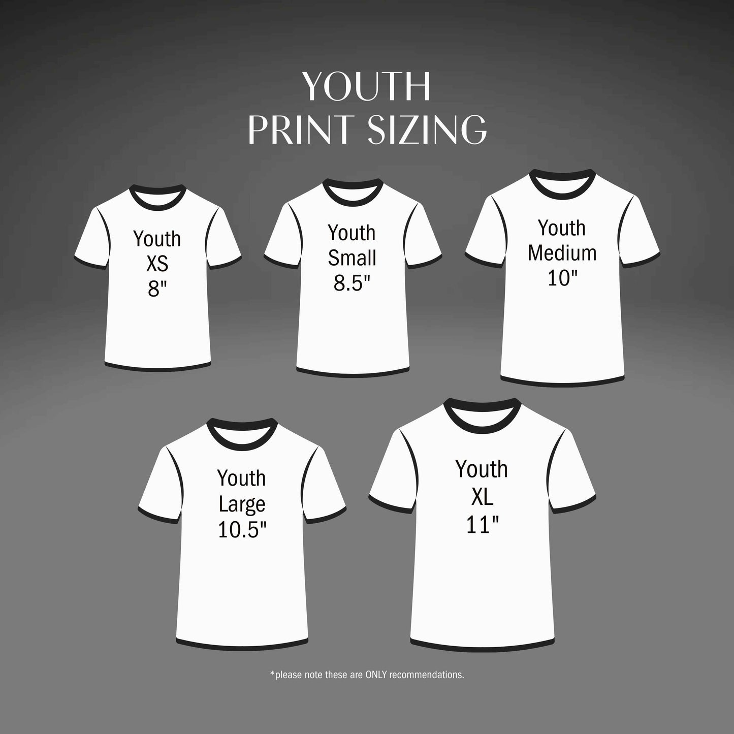 Recommended youth shirt print size