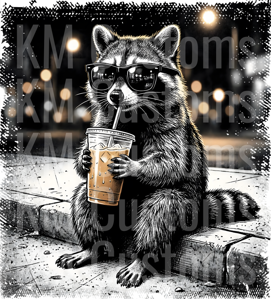 Raccoon Drinking Iced Coffee