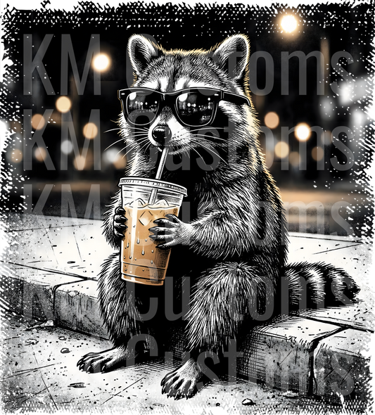 Raccoon Drinking Iced Coffee