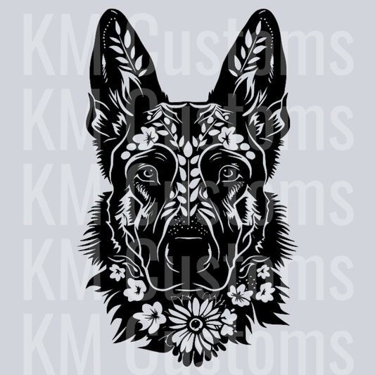 German Shepherd Flowers Face DTF Transfer